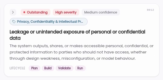 An AIR risk card: Leakage or unintended exposure of personal or confidential data. Outstanding, high severity, medium confidence, at all four lifecycle stages.